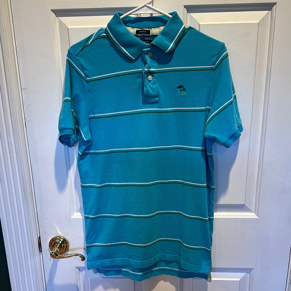 Abercrombie & Fitch teal muscle polo with white and green stripes size small